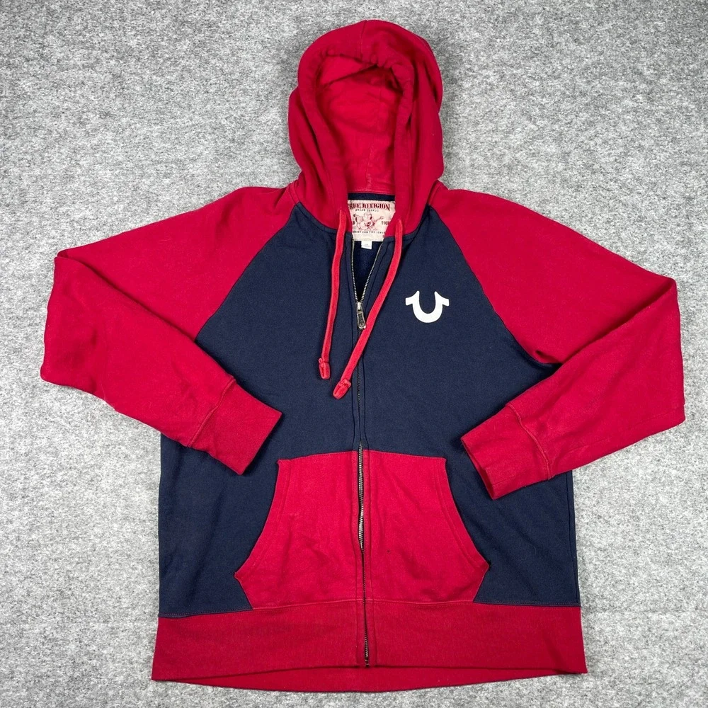 True Religion Zip Up Hoodie Mens L Navy Red Buddha Originals Colorblock Raglan